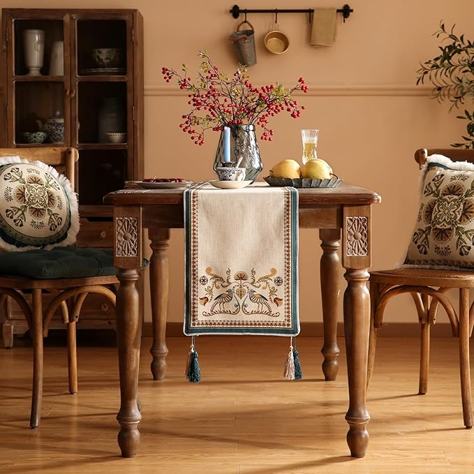 patdrea Designer Beige Farmhouse Geometric Patterned Linen Table Runner 102 - Image 2