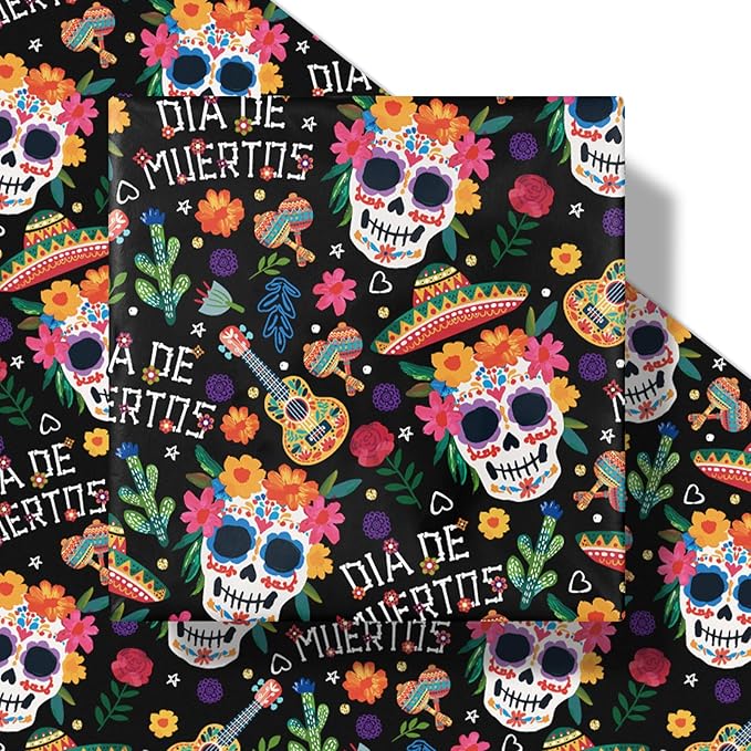 LeZakaa Day of the Dead Wrapping Paper Roll, Colorful Sugar Skulls Maracas - Image 6
