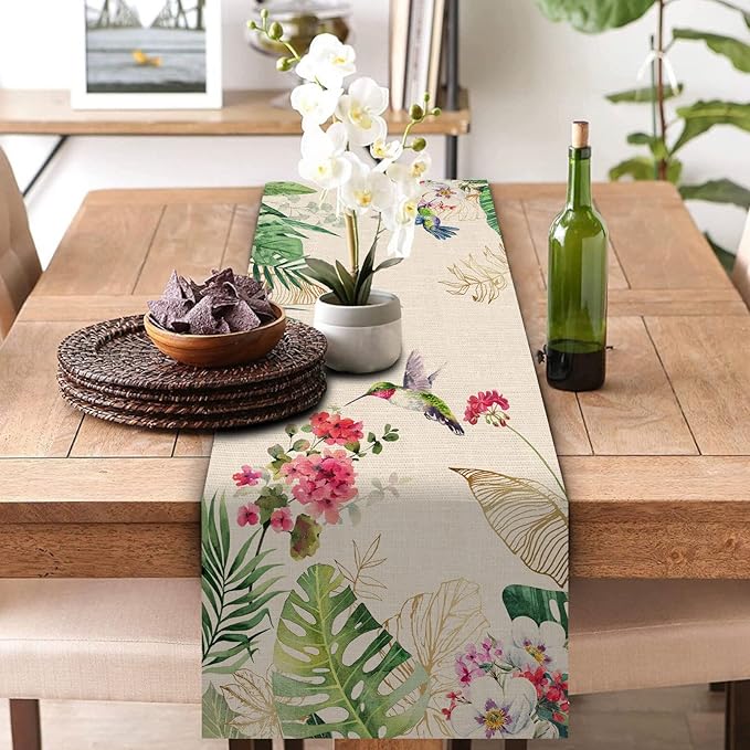 Seliem Summer Tropical Hummingbird Palm Leaf Greenery Table Runner, Spring - Image 3