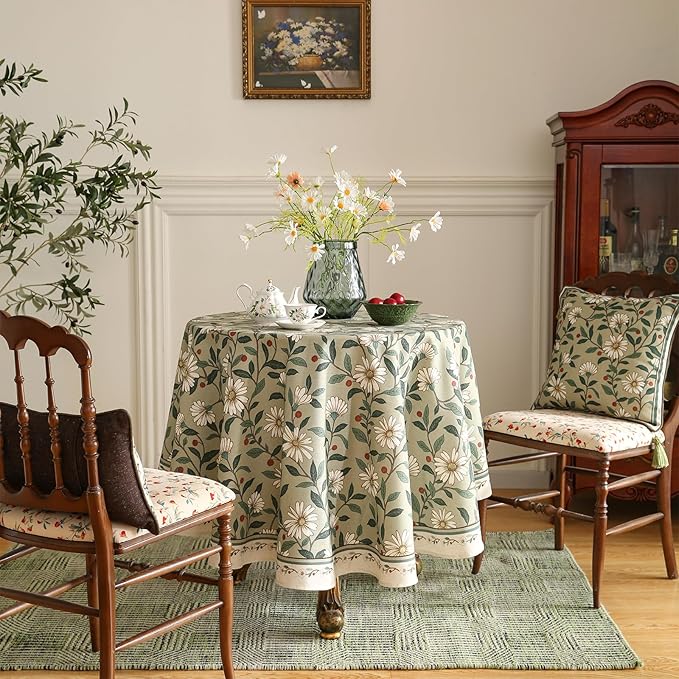 ISAENNE Designer Green Linen Round Tablecloth, Floral French Country Indoor - Image 2