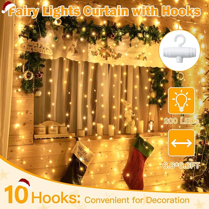 Ollny Silver Copper Wire Fairy Lights Curtain 200 LED 6.6x6.6ft, USB Warm White - Image 3
