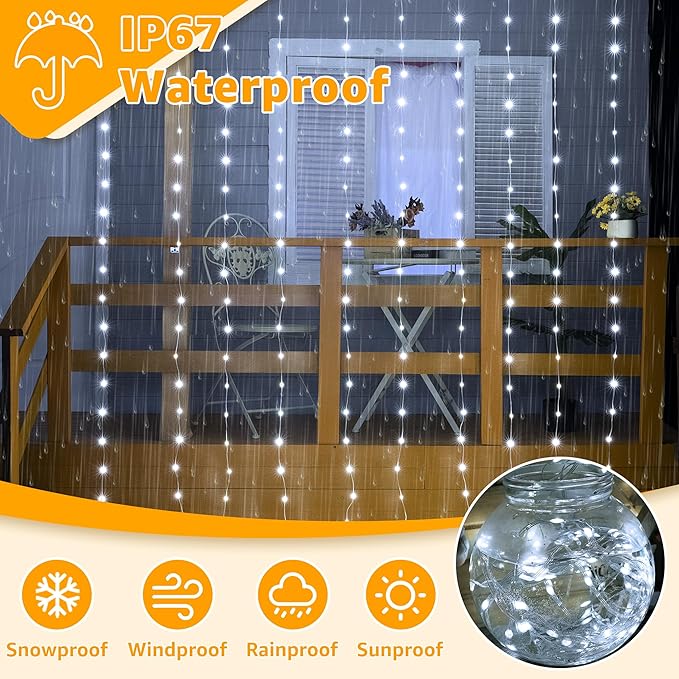 Ollny Curtain Lights 300LED 9.8ftx9.8ft, Connectable IP67 Waterproof Outdoor - Image 7