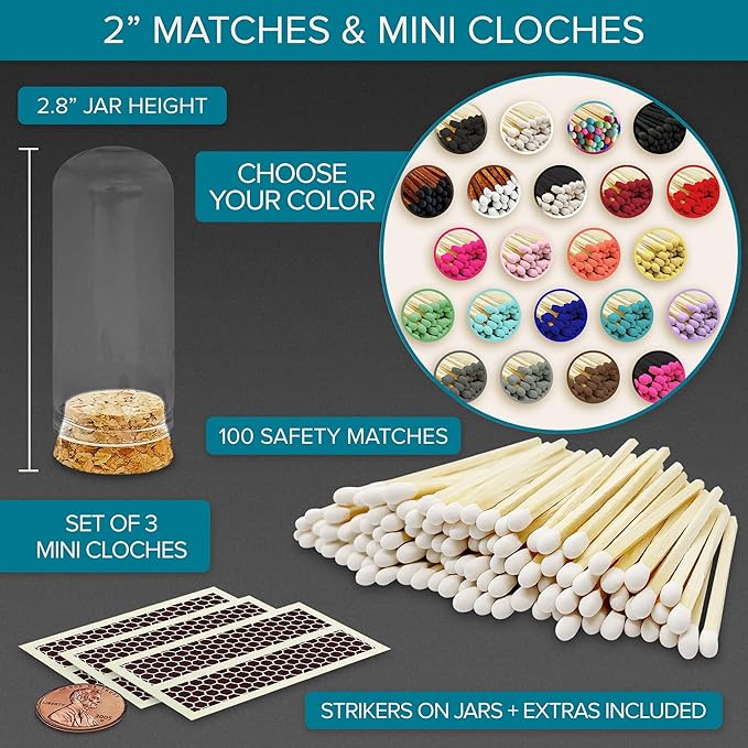 2" Matches in 3 Mini Glass Cloche Jars + Striker Stickers Included | 100 - Image 2
