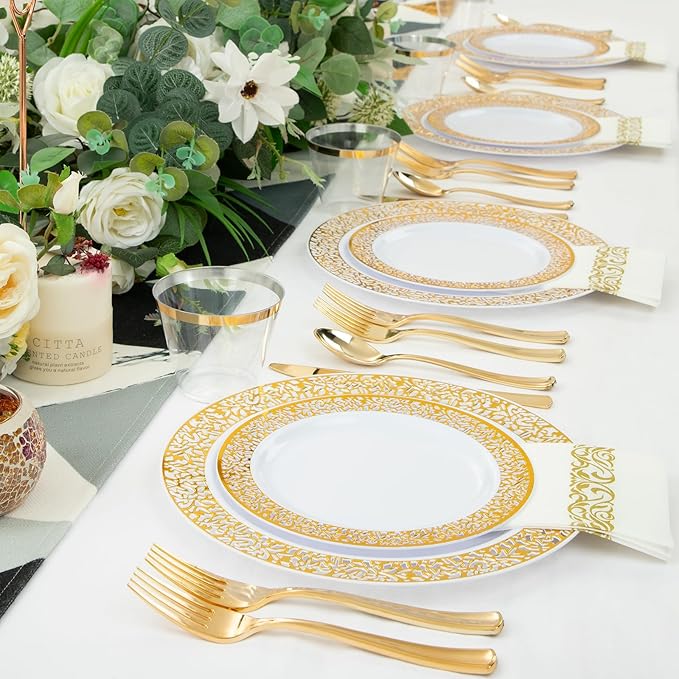 WELLIFE 210Pcs Gold Plastic Dinnerware - Image 6