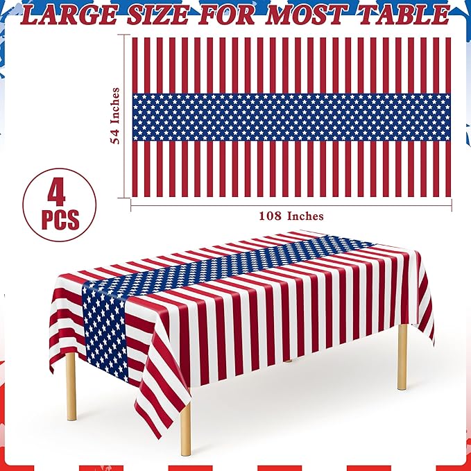 QZYL 4 Pack 4th of July Tablecloths, Rectangle Red White and Blue Tablecloth - Image 2
