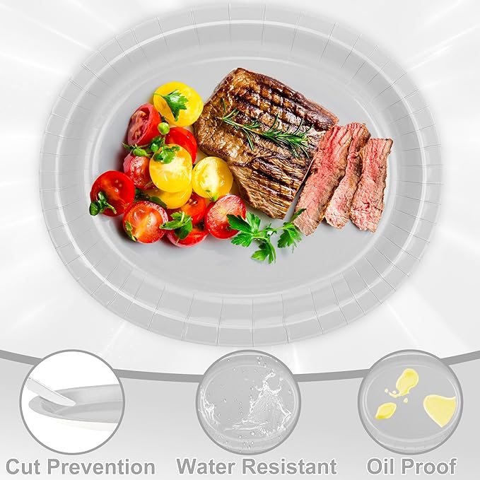 QZYL 50 Count Large Silver Oval Paper Plates, 12.2'' X 10.2'' - Image 3