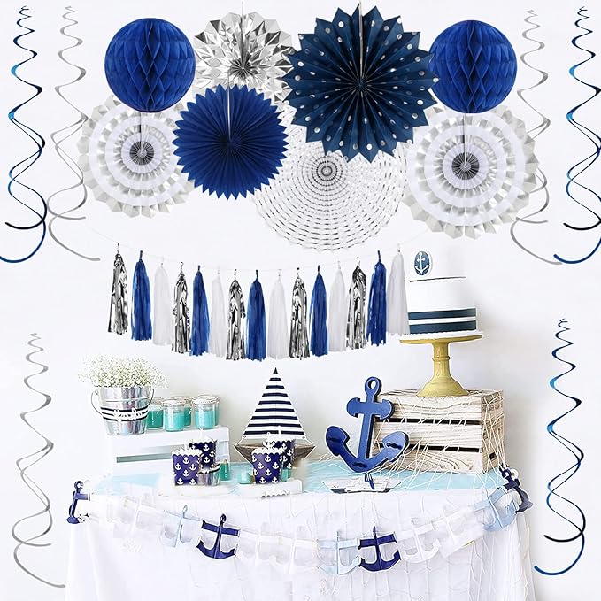 Navy-Blue White-Silver Graduation Party-Decorations - Image 6