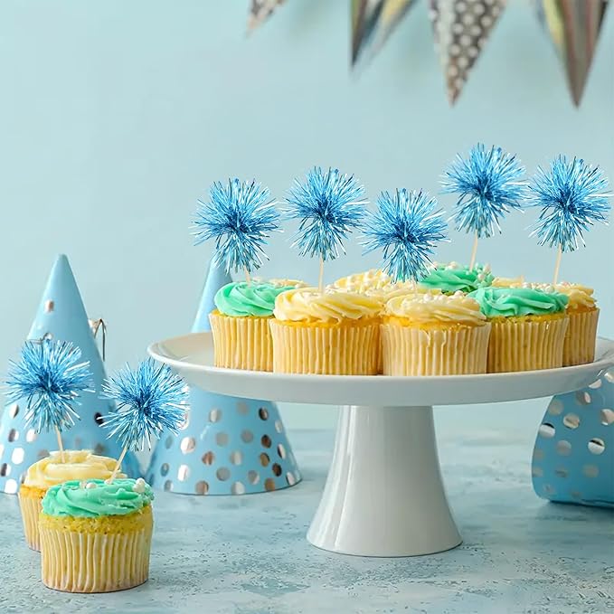 Ephlyn 30Pcs Foil Firework Cupcake Toppers Sparkle Tinsel Cupcake Picks Happy - Image 6
