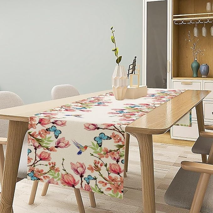 Flowers Table Runner, Floral Bird Butterfly Spring Table Cloth Kitchen Dining - Image 2