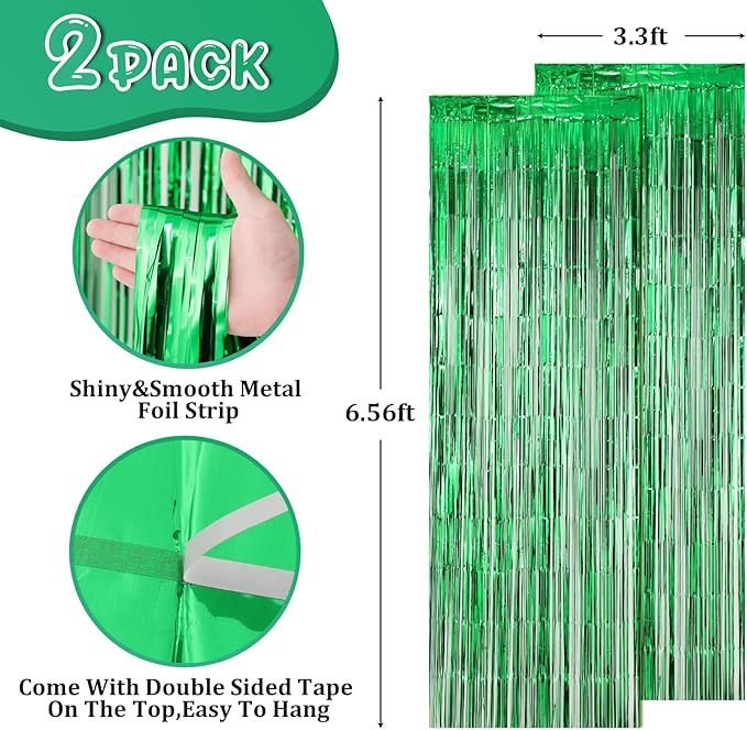 2 Pack Green Foil Fringe Backdrop Curtains, Tinsel Streamers Birthday Party - Image 2