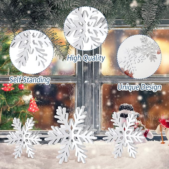 Bucherry 12 Pcs Wooden Snowflake Table Decor 3D Snowflake Tabletop Signs and - Image 4