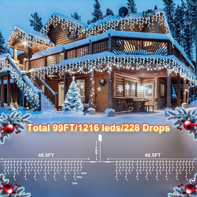 KNONEW 99FT 1216 LED Christmas Lights Outdoor Decorations 8 Modes White Curtain - Image 2