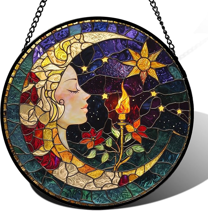 Stained Glass Window Hanging, Moon Goddess Torch Suncatcher Diamond Glass Panel by DASTOLL