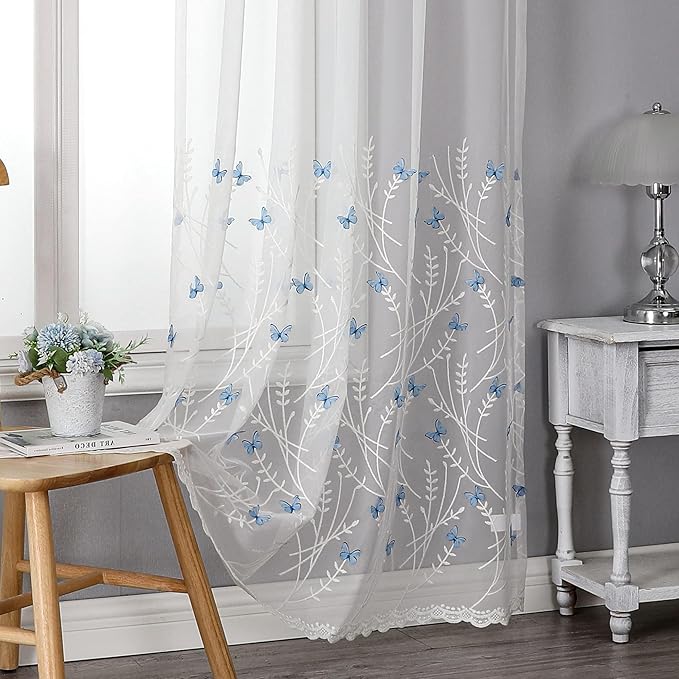 VISIONTEX White Sheer Voile Curtains, Decorative White Embossed Drip Rod Pocket by VISIONTEX
