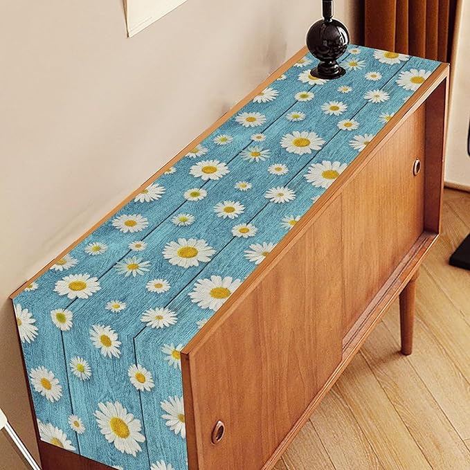 Daisy Floral Table Runner, Rustic Seasonal Spring Wild Flower Rustic Blue Wood - Image 2
