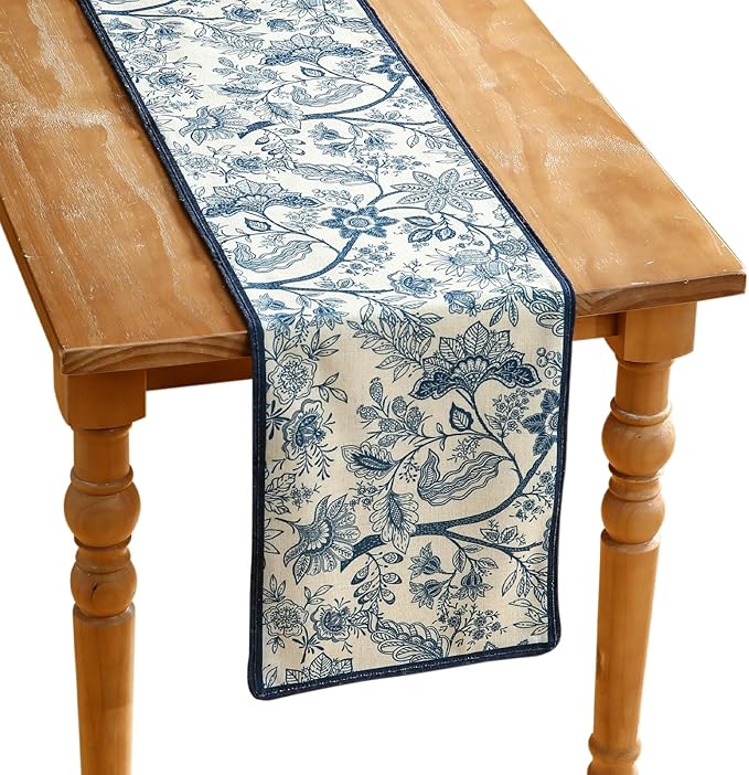 ISAENNE Designer Chinoiserie Elegant Linen Table Runner 102 Inches Long by Isaennehomedecoration