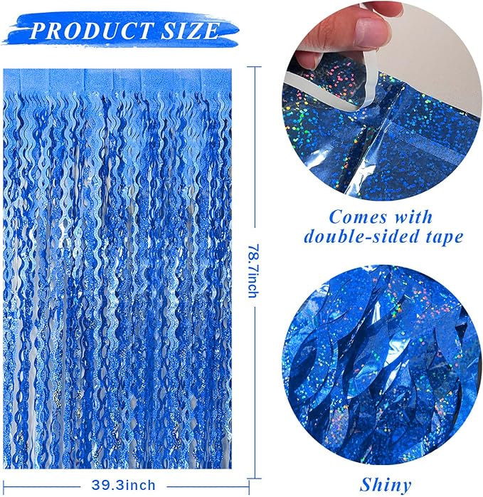 Blue Tinsel Foil Fringe Curtains Wavy Backdrop - Image 2