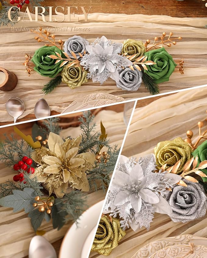 Christmas Artificial Flowers Poinsettia Flower Mix Silk Flowers Fake Roses - Image 6