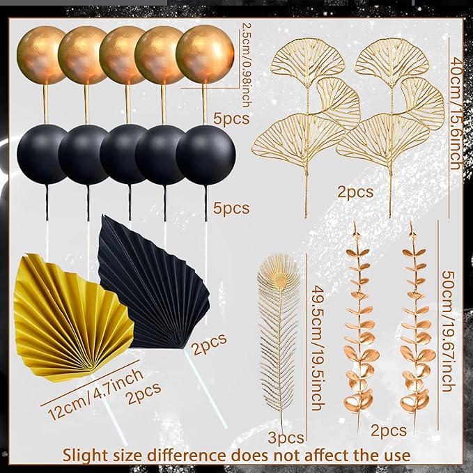 Boho Cake Topper Black Gold Balls Cake Topper Gold Leaves Cake Decorations Prom - Image 2