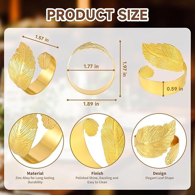 Gold Napkin Rings, Shiny Metal Napkin Rings Set of 12, Study Leaf Shaped Table - Image 2