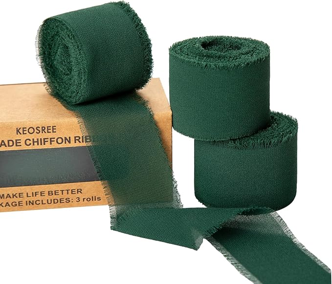 3 Rolls Dark Green Handmade Chiffon Ribbon, 1.5" x 21Yd Frayed Fringe Silk by KEOSREE