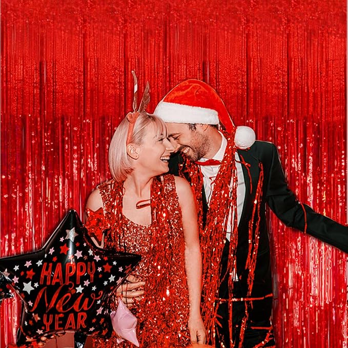 2 Pack Foil Curtain Backdrop Red Metallic Tinsel Foil Fringe Curtains Photo - Image 5