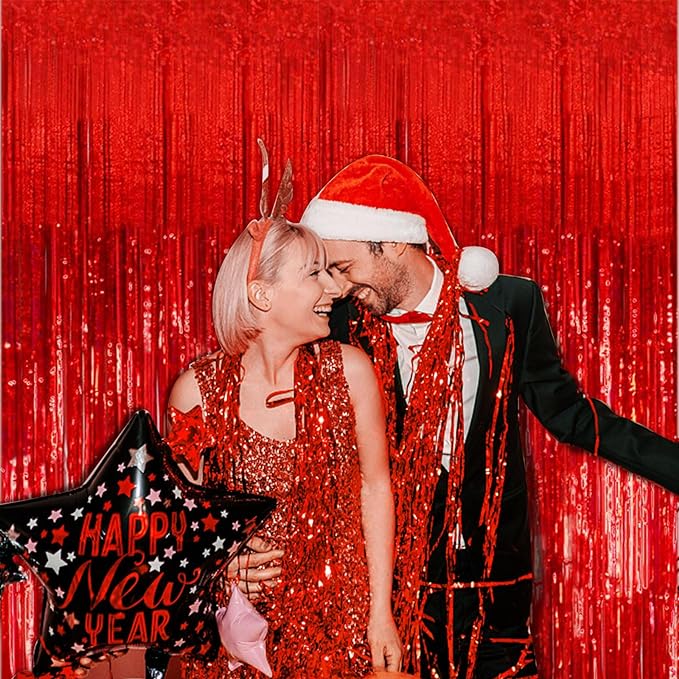 5 Pack Foil Curtain Backdrop Red Metallic Tinsel Foil Fringe Curtains Photo - Image 4