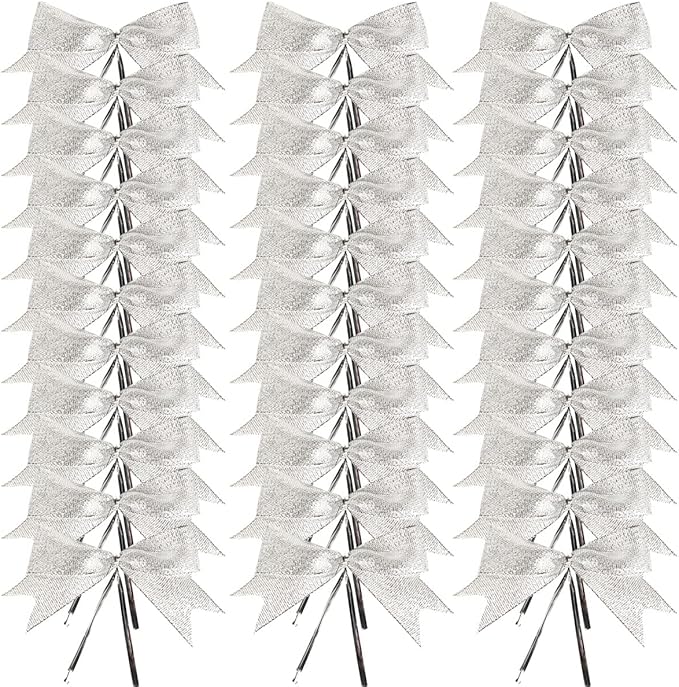50pcs 3-1/2" Silver Twist Ties Metallic Silver Bows - Image 2