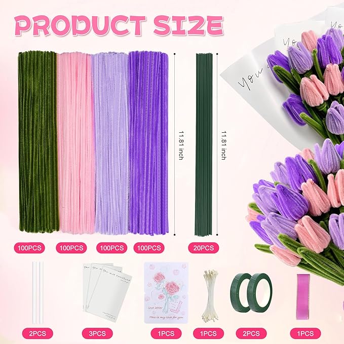 400 Pcs Chenille Stems Flowers Craft Kit, 4 Colors Soft Pipe Cleaners Bulk - Image 4