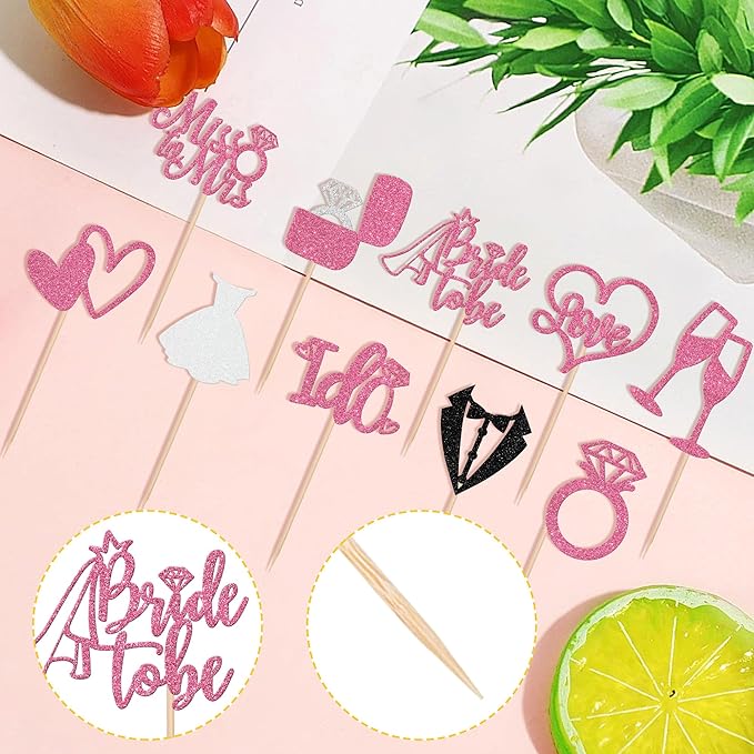 30 PCS Bride to Be Cupcake Toppers Glitter Miss to Mrs I Do Love Heart Ring - Image 3