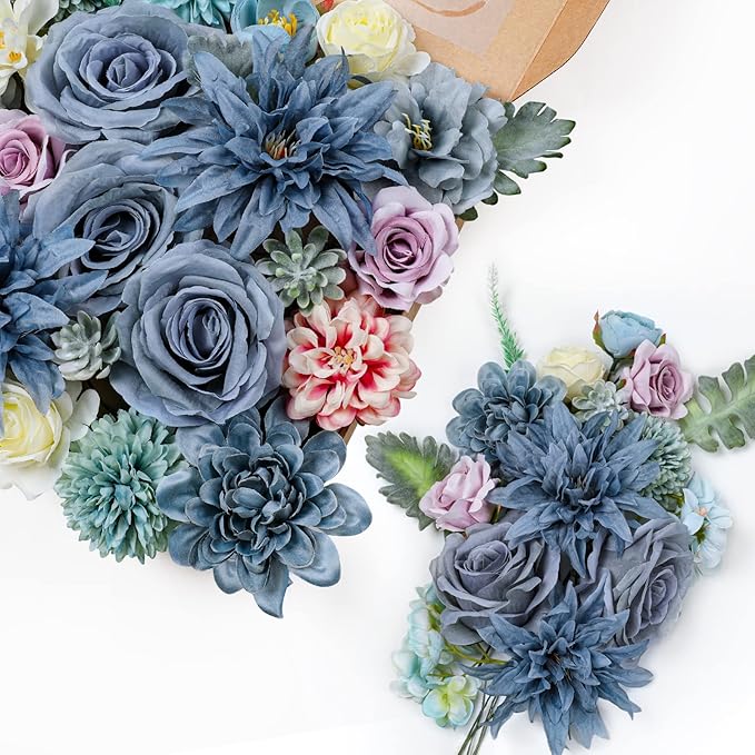 AmyHomie Blue Artificial Flowers Combo Silk Mix Peony Rose Hydrangea Fake - Image 6
