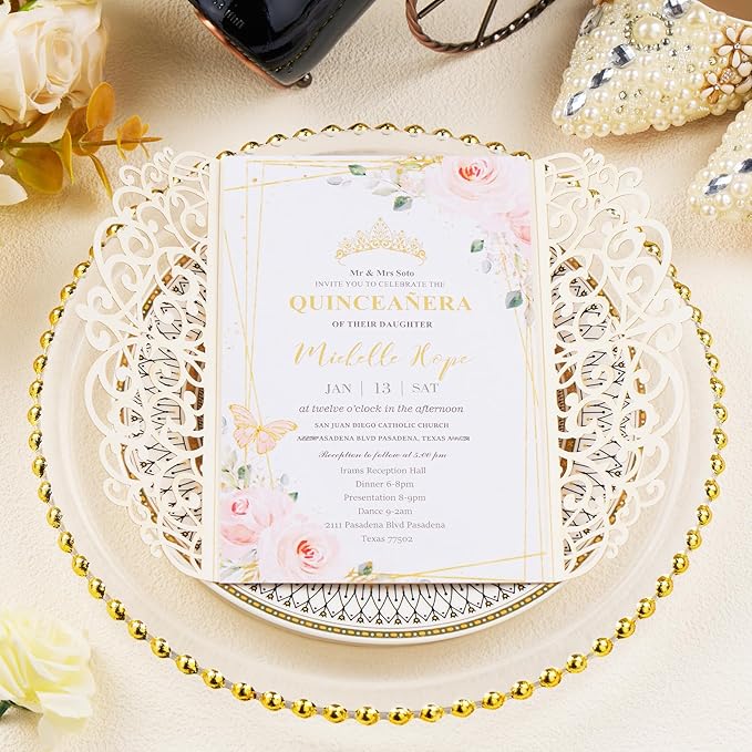 25pcs Glitter Laser Cut Wedding Invitation Kits Pink Personalized Invitation - Image 2