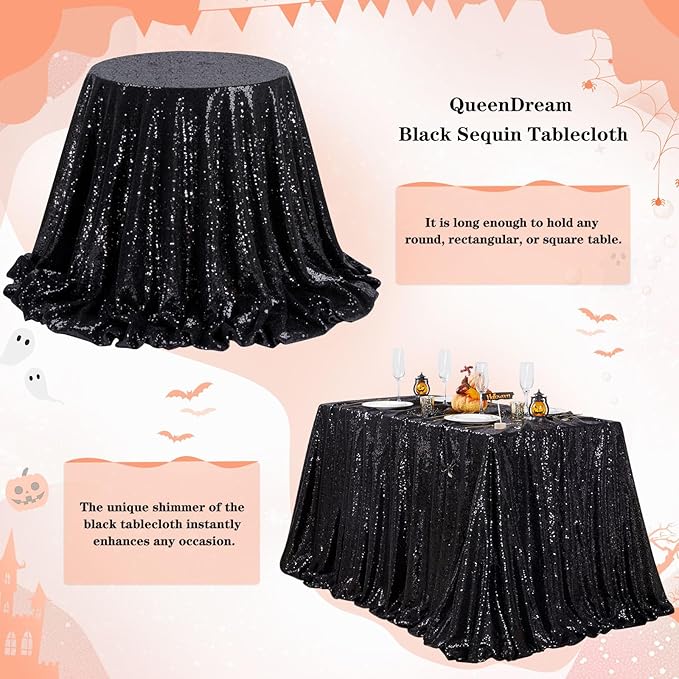 QueenDream Seamless Sequin Tablecloth 90x132 Inch Black Rectangular Tablecloth - Image 5