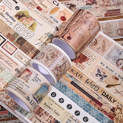 34 Rolls Vintage Washi Tape Set, Letter Map Stamp Stripe Literature Art - Image 6
