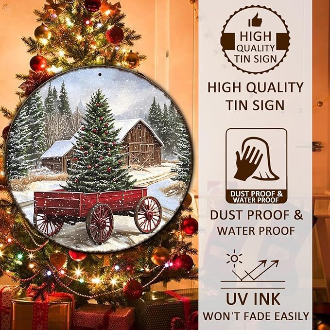 Round Barn Christmas Trees Metal Tin Sign Christmas Vintage Tin Sign Poster - Image 4
