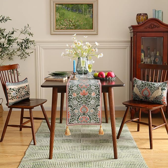 ISAENNE Designer French Green Elegant Linen Table Runner 102 Inches Long - Image 3