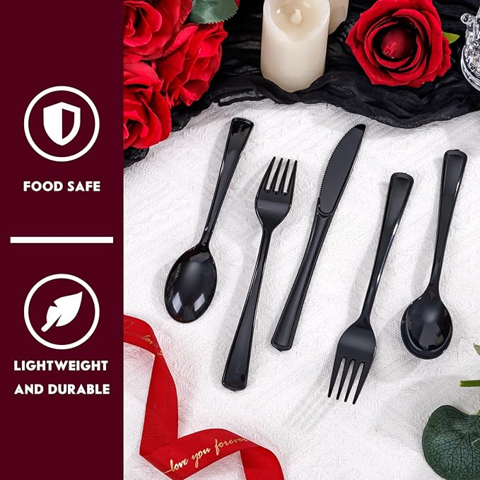 Supernal 300 Pieces Black Plastic Silverware Disposable Cutlery Black - Image 5