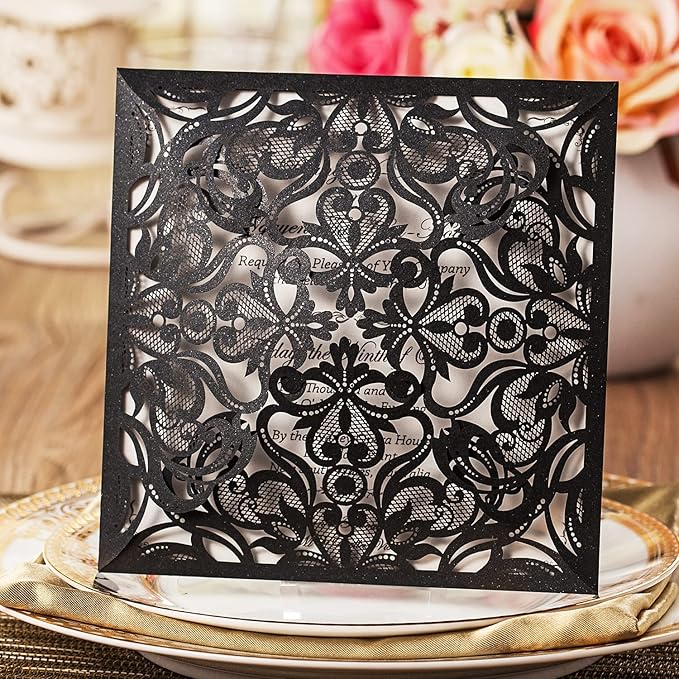 Hosmsua 6.3 x 6.3 Inch 50PCS Black Laser Cut Hollow Lace Rose Invitation Cards - Image 2
