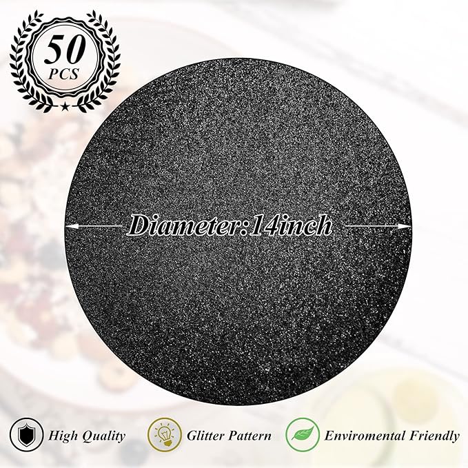 50 Pieces Black Glitter Paper Place Mats Sparkle 14'' Round Disposable Table - Image 2