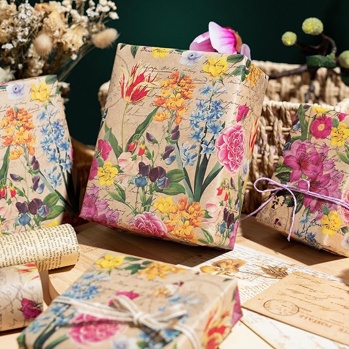 WRAPAHOLIC Kraft Floral Wrapping Paper Roll - Image 4