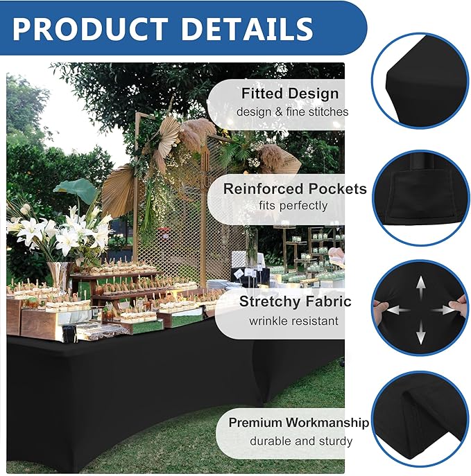 Table Cloths for 6 Foot Rectangle Tables-8 Pack Black Fitted Stretch Table - Image 2