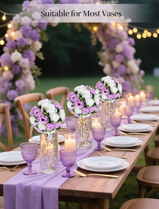 BLOSMON Purple Flowers Ball for Centerpieces: 6 Pcs Fake Lilac White Roses - Image 2