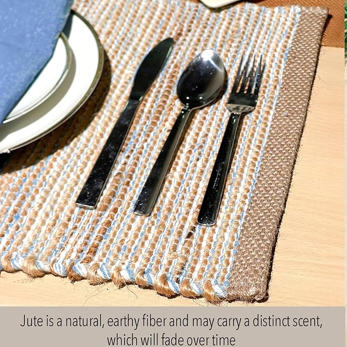 Chardin Home Natural Jute & Sky Blue-White Placemats, 13x19 in Dining Table - Image 3