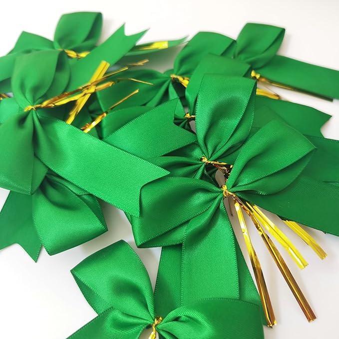 50pcs 3-1/2" Green Twist Ties Satin Green Bows - Image 6