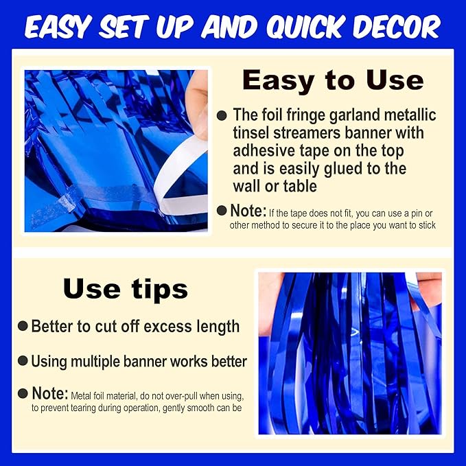 6 Pack 10 Ft Blue Foil Fringe Garland Metallic Streamers Tinsel Banner Wall - Image 3