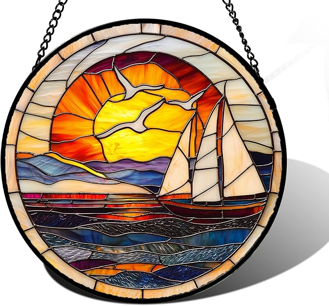 Stained Glass Window Hanging, Sun Ocean Sailboat Seagull Abstract Suncatcher by DASTOLL