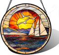 Stained Glass Window Hanging, Sun Ocean Sailboat Seagull Abstract Suncatcher by DASTOLL