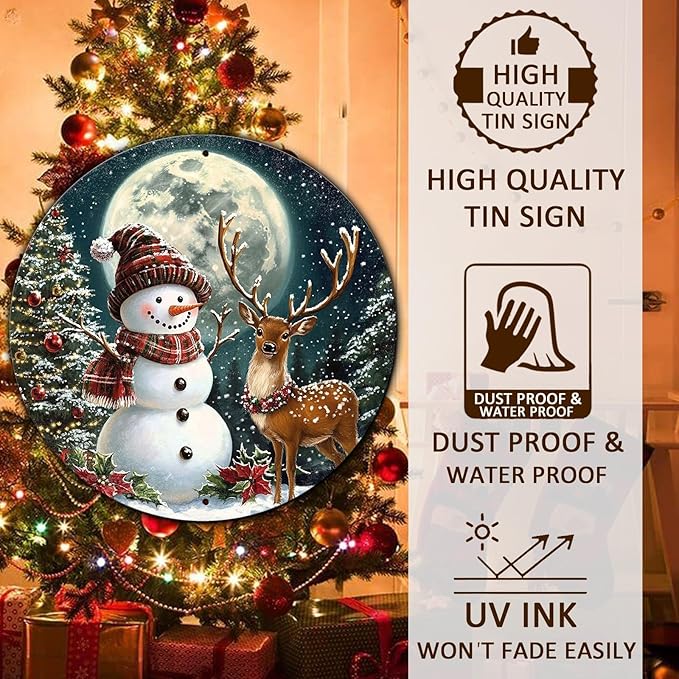 Christmas Snowman Decor Round Metal Tin Sign Christmas Deer Vintage Tin Sign - Image 4