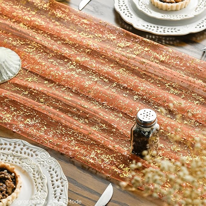 Artoid Mode Orange Gold Gauze Table Runner 120 Inch 10FT, Glitter Metallic Foil - Image 3