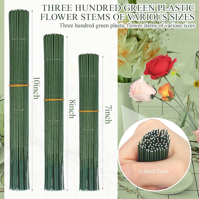 300pcs Artificial Flower Stems, 6.7in、8in、10in Plastic Green Floral Wire Stems - Image 2